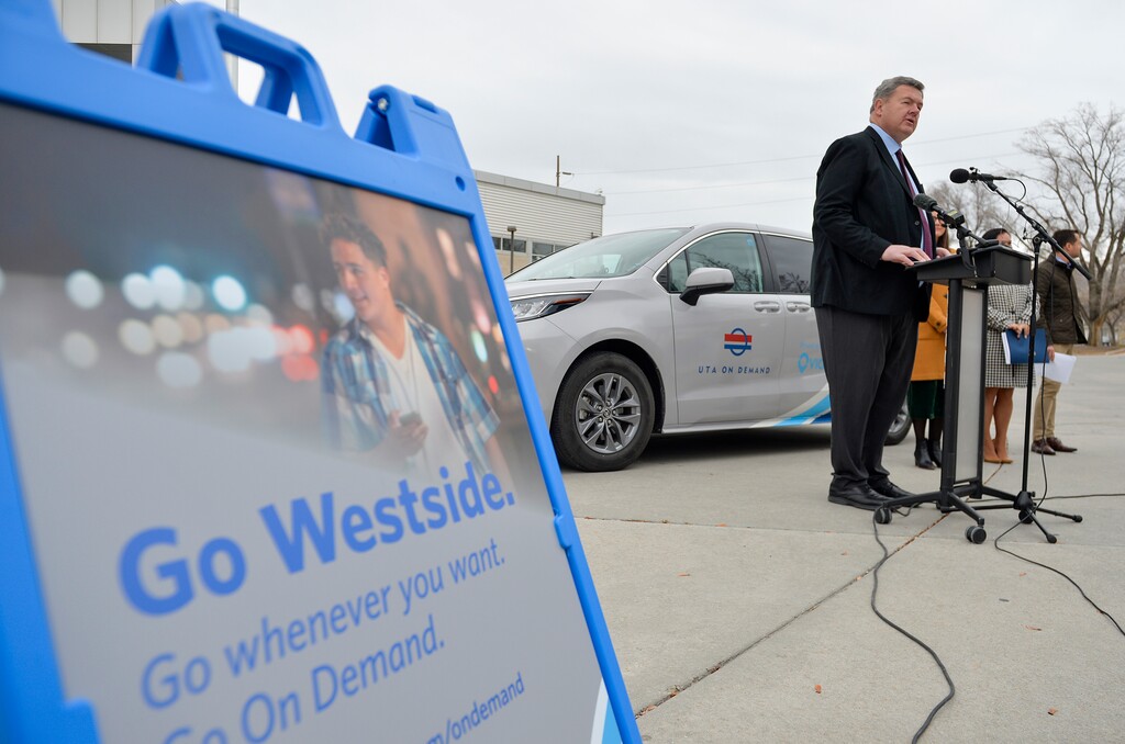 (Chris Samuels | The Salt Lake Tribune) UTA Board Chair Carlton Christensen announces a new ride-sharing service in conjunction with Salt Lake City and the Utah Transit Authority for the city’s west side, Monday, Dec. 13, 2021.