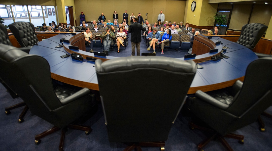 (Steve Griffin  |  The Salt Lake Tribune) Rep. Chris Stewart, R-Utah, takes questions from the audience during his town hall meeting at the West Valley City Hall in West Valley City Wednesday May 2, 2018.