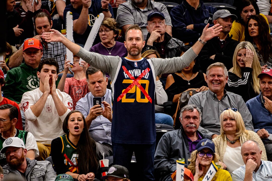 (Trent Nelson | The Salt Lake Tribune)  A Utah fan wearing an altered Gordon Hayward jersey. Utah Jazz vs. Boston Celtics, NBA basketball in Salt Lake City on Friday Nov. 9, 2018.
