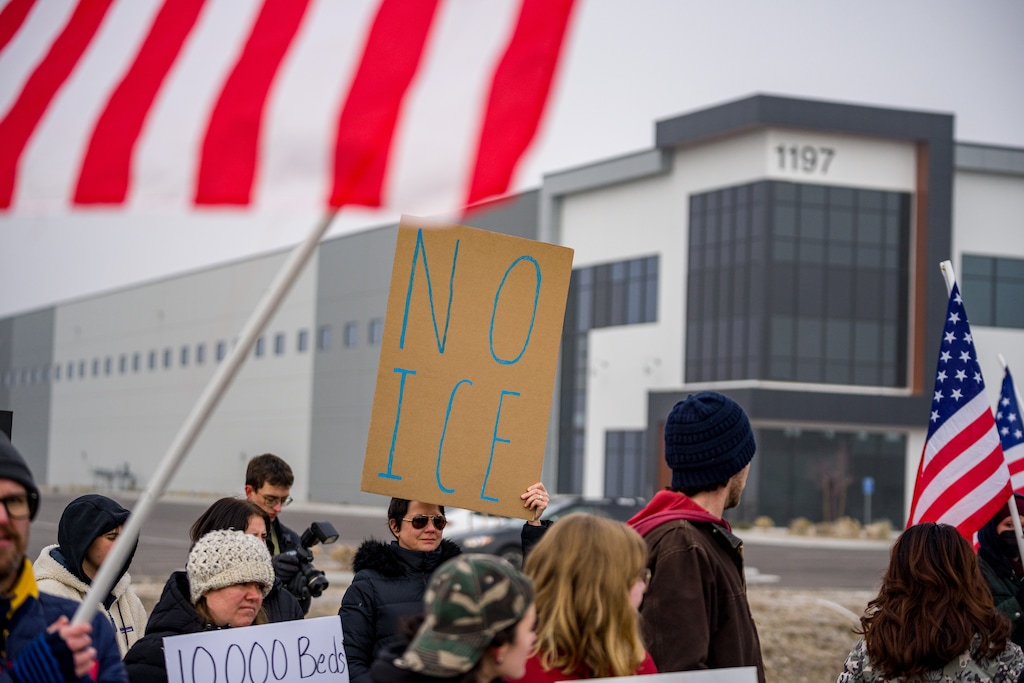 (Trent Nelson  |  The Salt Lake Tribune) A protest at a warehouse rumored to be under consideration for a future ICE facility in Salt Lake City on Friday, Jan. 16, 2026.