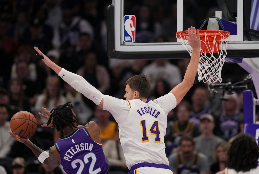 (Bethany Baker | AP Photo) Utah Jazz guard Darryn Peterson (22) looks to shoot as Los Angeles Lakers center Walker Kessler (14) blocks during the first half of an NBA basketball game Sunday, Oct. 25, 2026, in Salt Lake City.