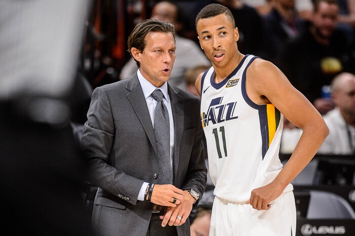 (Trent Nelson | The Salt Lake Tribune)  Utah Jazz head coach Quin Snyder and Utah Jazz guard Dante Exum (11) as the Utah Jazz host Maccabi Haifa, preseason NBA basketball at Vivint Smart Home Arena in Salt Lake City Wednesday October 4, 2017.