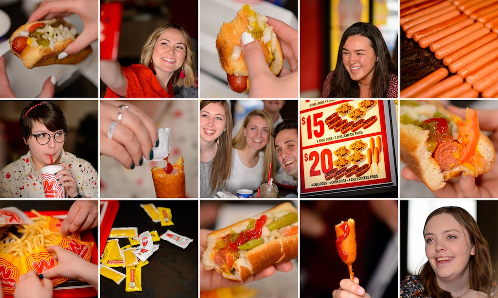 (Trent Nelson | The Salt Lake Tribune)
Students from Brigham Young University are competing in a national advertising competition to change public perceptions of the much-maligned hot dog. Students from left are, Natalie Van Leeuwen, Amy Wilson, Sierra Breshears, Izzie Nelson, Nathan Blakely, Piper Alkonis, and Kailee Kunz, at Wienerschnitzel in Orem on Wednesday, March 27, 2019.