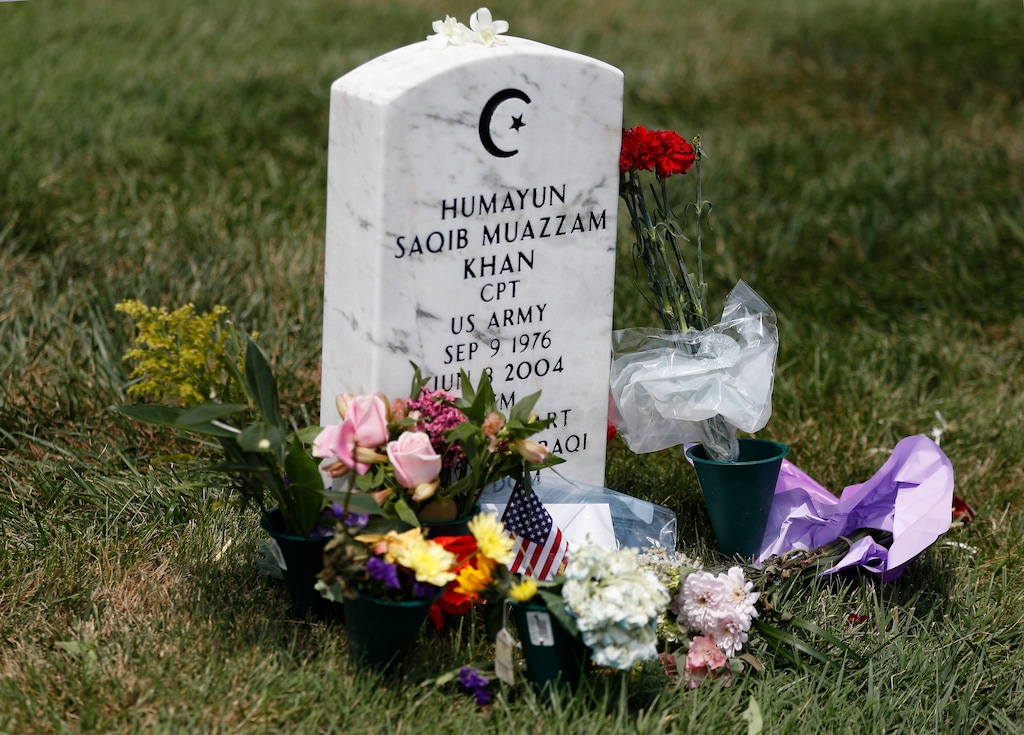 (Carolyn Kaster | AP file photo) The tombstone of U.S. Army Capt. Humayun S. M. Khan is seen in Section 60 at Arlington National Cemetery in Arlington, Va., on Monday, Aug. 1, 2016.