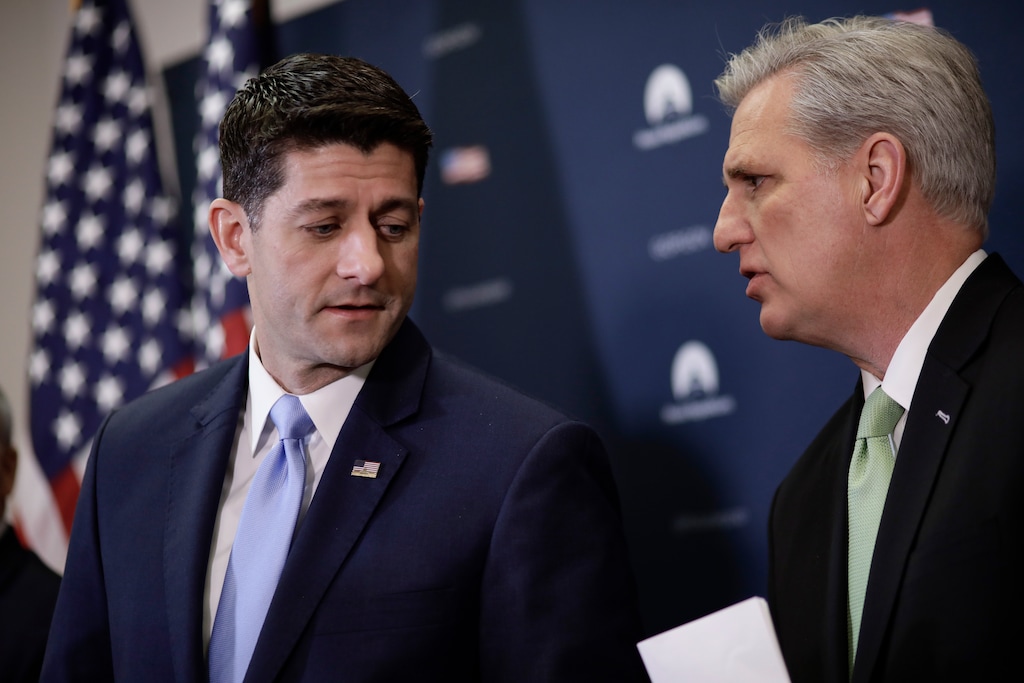 (J. Scott Applewhite | The Associated Press) Speaker of the House Paul Ryan, R-Wis., confers with Majority Leader Kevin McCarthy, R-Calif., right, during a news conference at the Capitol in Washington, Tuesday, Jan. 30, 2018.