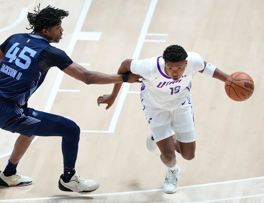 (Francisco Kjolseth  | The Salt Lake Tribune) Utah Jazz forward Ace Bailey (19) drives the ball as the Utah Jazz take on the Memphis Grizzlies during an NBA Salt Lake City Summer League game at the Jon M. Huntsman Center on the University of Utah campus, Monday, July 7, 2025.
