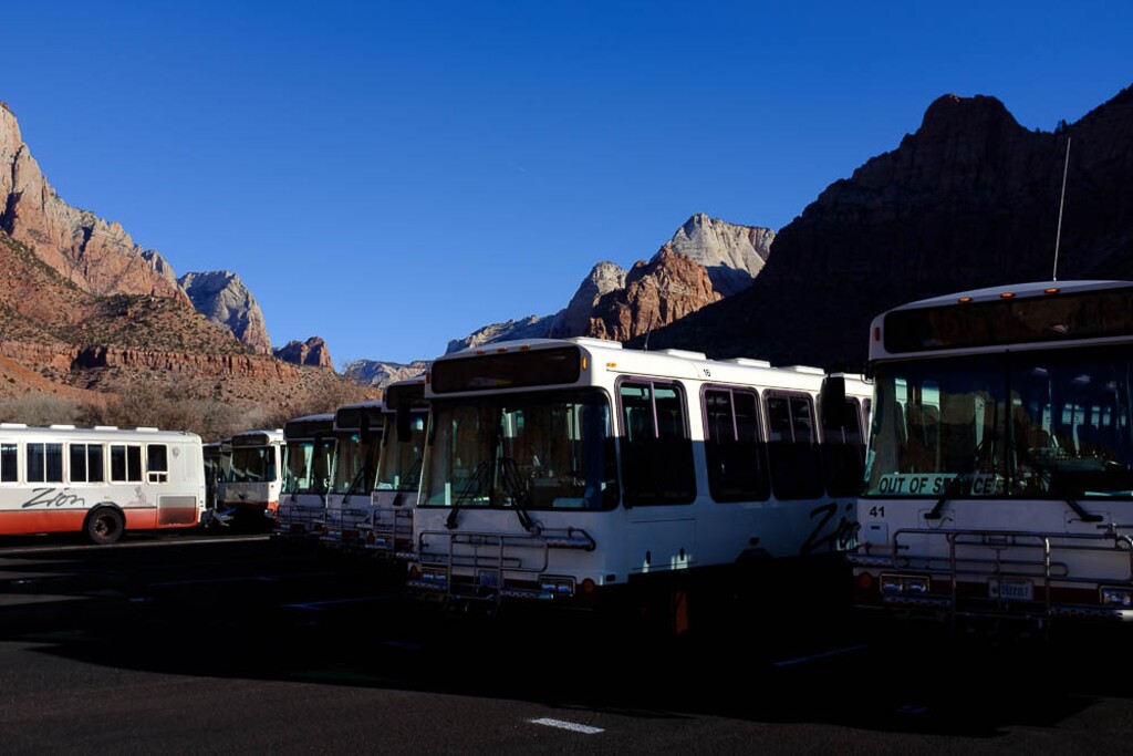 (Trent Nelson | The Salt Lake Tribune)
The shuttle buses at Zion National Park sit idle in a lot as the government shutdown continues on Saturday Jan. 12, 2019.