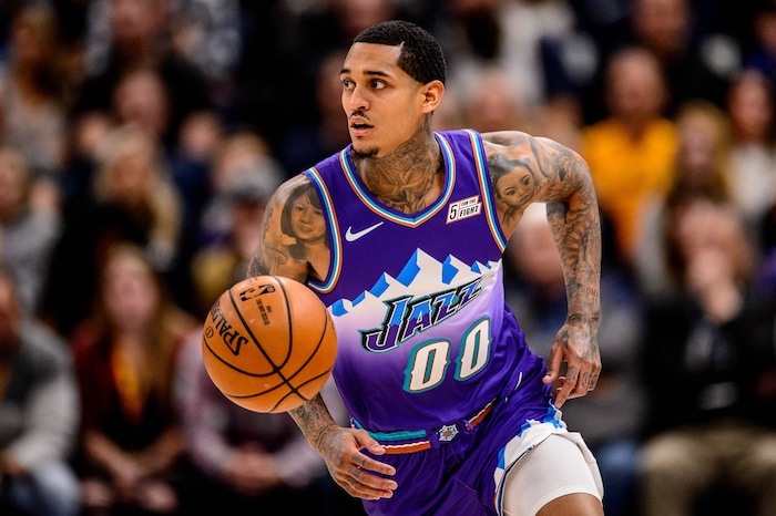 (Trent Nelson  |  The Salt Lake Tribune) Utah Jazz guard Jordan Clarkson picks up a steal as the Utah Jazz host the Portland Trail Blazers, NBA basketball in Salt Lake City on Thursday, Dec. 26, 2019.