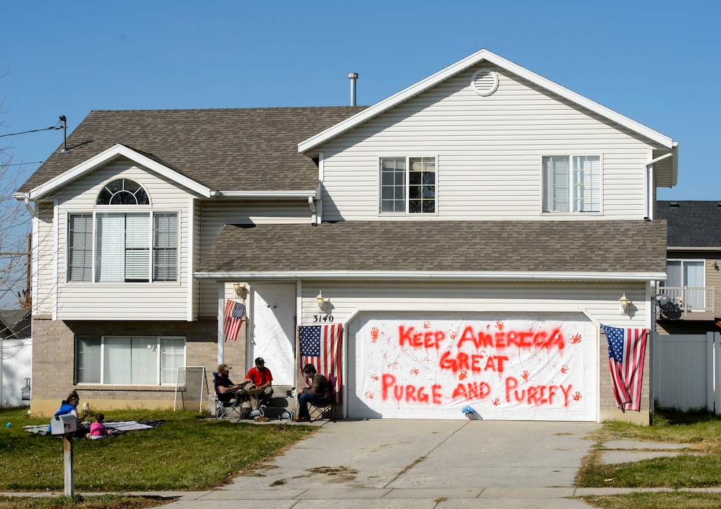 (Steve Griffin  |  The Salt Lake Tribune)  Based on "The Purge"horror movie trilogy, Kade Rogers, who rents this home on 4800 south near 3100 west in Roy, Utah, starts to decorate the outside of the home for Halloween Friday October 13, 2017. In the theme of "The Purge: Election Year" the third movie in the trilogy, Rogers plans to add more decorations to the home including a giant scary Statue of Liberty from the movie.
