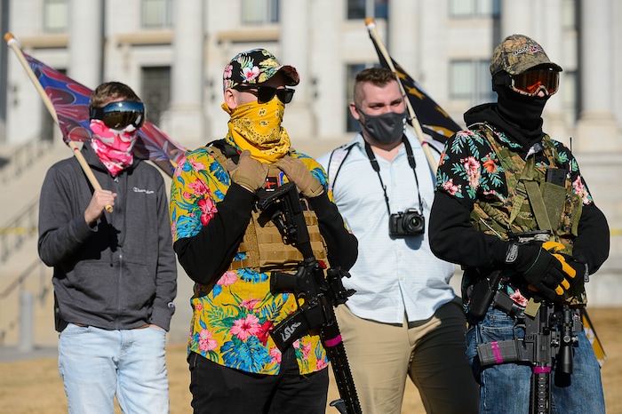 (Trent Nelson | The Salt Lake Tribune) Members of the Bois of Liberty at the state Capitol in Salt Lake City on Sunday, Jan. 17, 2021.