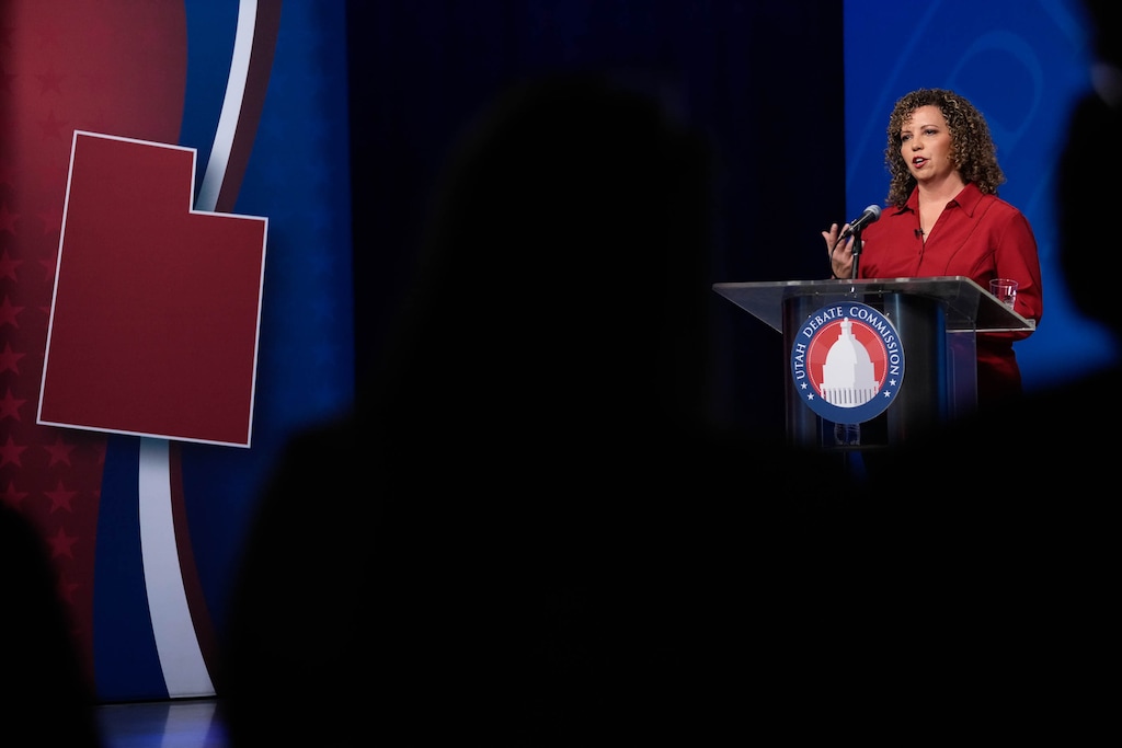 (Francisco Kjolseth | The Salt Lake Tribune) Candidate Celeste Maloy, answers a question alongside Kathleen Riebe, as the two candidates running in the Special Election for the Second Congressional District in Utah, debate at the KUED studios on the University of Utah campus on Thursday, Oct. 26, 2023.