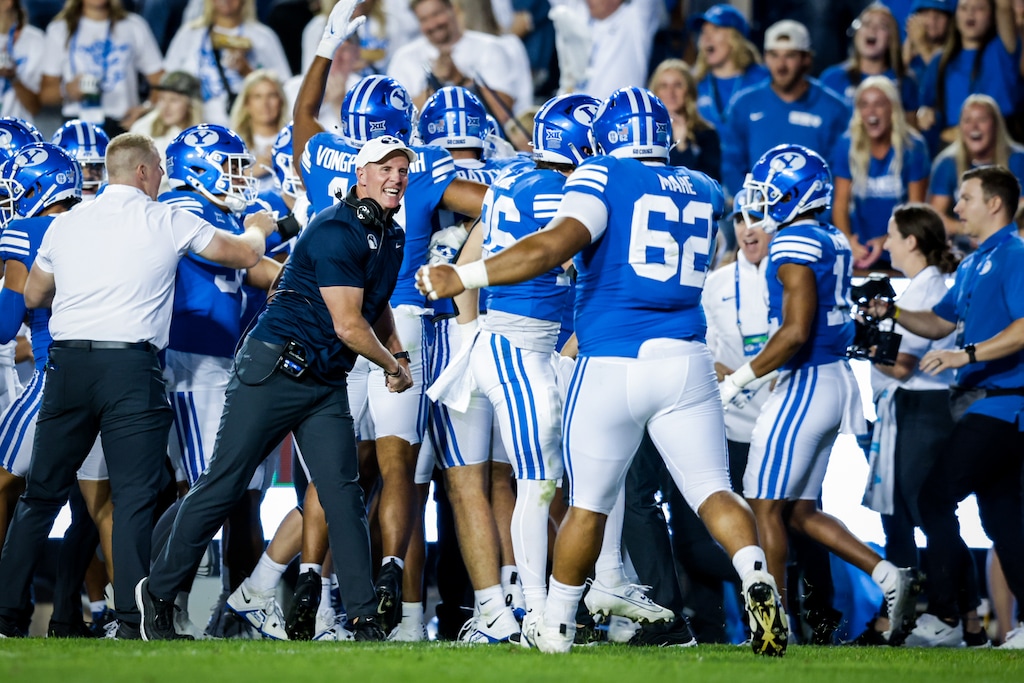(Jaren Wilkey | BYU athletics) BYU defensive coordinator Jay Hill celebrates a stop against Sam Houston. BYU had its first shutout since 2014.