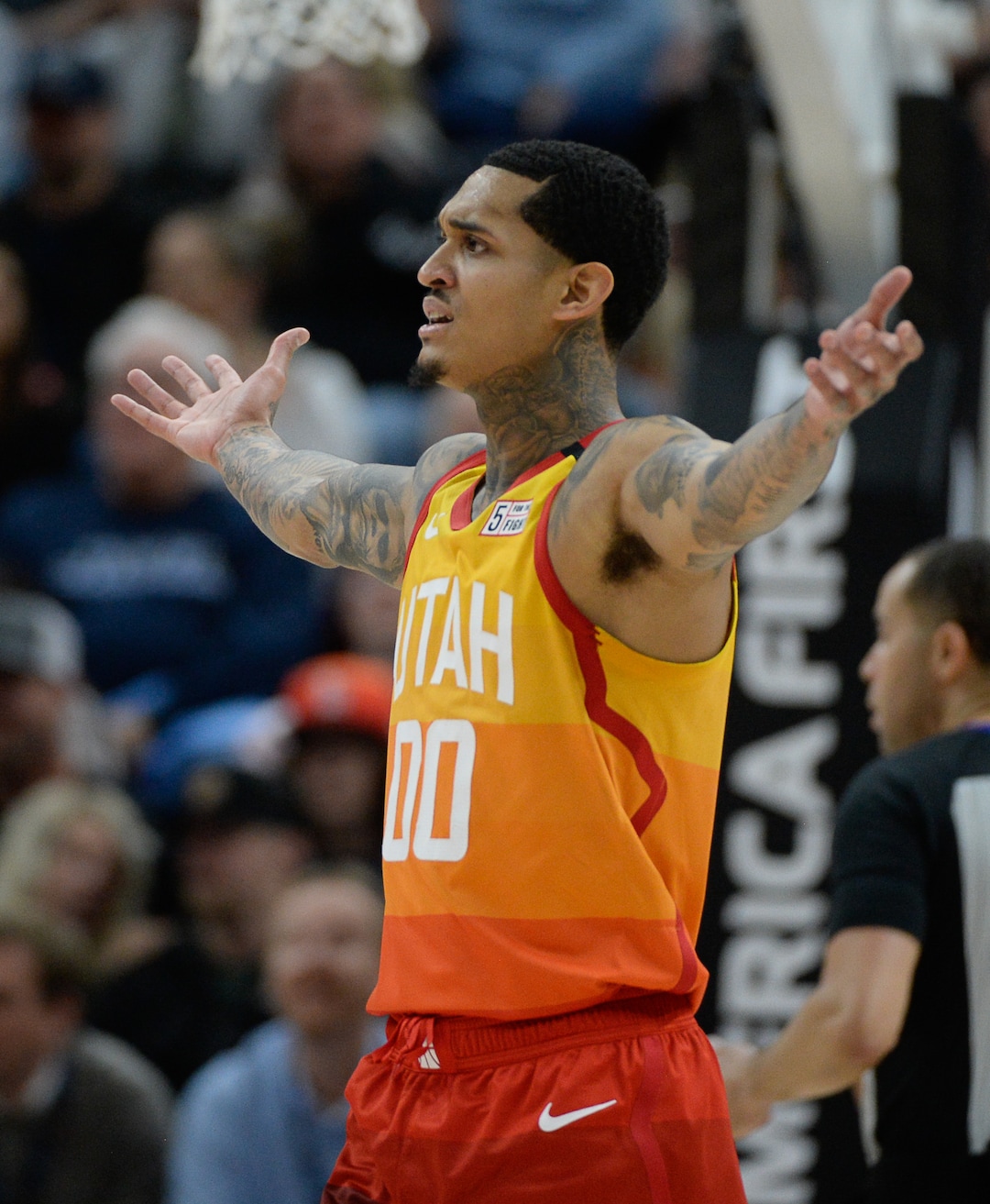 (Francisco Kjolseth  |  The Salt Lake Tribune) Utah Jazz guard Jordan Clarkson (00) argues a call as the Utah Jazz host the Miami Heat in their NBA basketball game at Vivint Smart Home Arena in Salt Lake City on Wednesday, Feb. 12, 2020.
