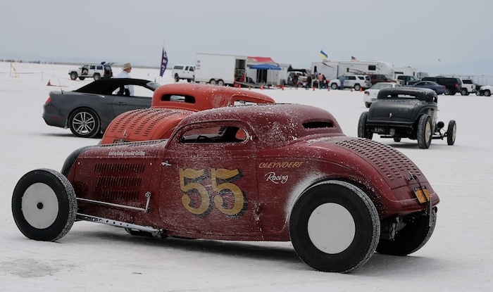 (Francisco Kjolseth  |  The Salt Lake Tribune)  A 1933 three window coupe keeps good company during Speed Week at the Bonneville Salt Flats outside Wendover on Monday, Aug. 14, 2017.