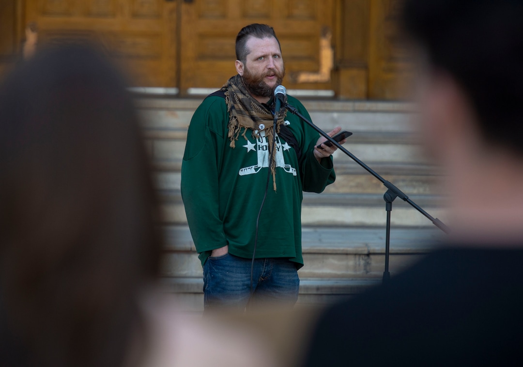 (Rick Egan  |  The Salt Lake Tribune)       Jason Brentner speaks at a rally of Homeless and homeless advocates as they gather outside the City County building for a demonstration before the city council meeting, Tuesday, April 23, 2019.