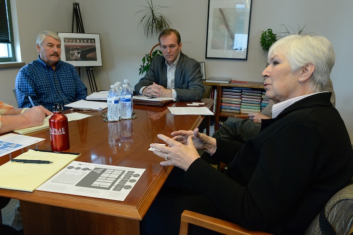 Francisco Kjolseth | The Salt Lake Tribune
Homeless advocates, left, Utah council member Palmer DePaulis, Salt Lake County Mayor Ben McAdams and Gail Miller, owner of the Larry H. Miller group of companies, meet with members of the Salt Lake Tribune to discuss plans to address the homeless issue in Utah.