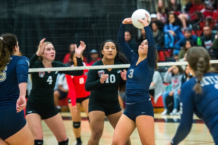 (Chris Detrick | The Salt Lake Tribune) Skyline's Sophie Cantera (3) sets the ball during the volleyball match at West High School Tuesday, October 3, 2017.