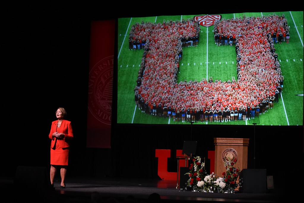(Francisco Kjolseth | Tribune file photo) In this file photo, University of Utah President Ruth Watkins addresses the crowd during her inauguration, Sept. 21, 2018. With Watkins now stepping down in April 2021, the Legislature is contemplating how transparent the school must be in searching for her replacement.
