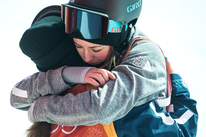(Chris Detrick  |  The Salt Lake Tribune)  Brita Sigourney of the United States hugs Maddie Bowman of the United States after the Ladies' Ski Halfpipe Final Run at Phoenix Park during the Pyeongchang 2018 Winter Olympics Tuesday, Feb. 20, 2018. Sigourney finished in 3rd place with a score of 89.80. Bowman, the gold medal winner in the 2014 Sochi Olympics, finished in 11th place with a score of 25.80.  