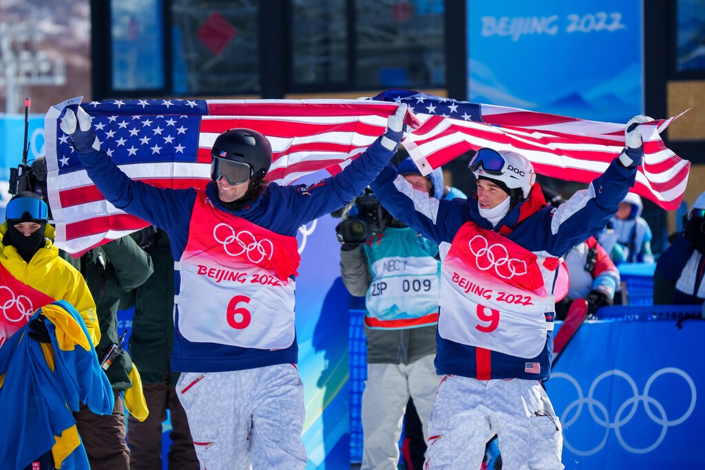 (Trent Nelson  |  The Salt Lake Tribune) Alexander Hall (6) and Nicholas Goepper (9) celebrate their respective gold and silver medals in men's freeski slopestyle finals at the 2022 Winter Olympics in Zhangjiakou, China, on Wednesday, Feb. 16, 2022.