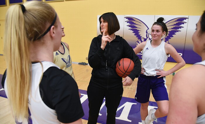 (Francisco Kjolseth  |  The Salt Lake Tribune)  Westminster College women's basketball coach Shelley Jarrard, center, gathers her team during a practice in the Behnken Field House on Tuesday, Jan. 29, 2019.