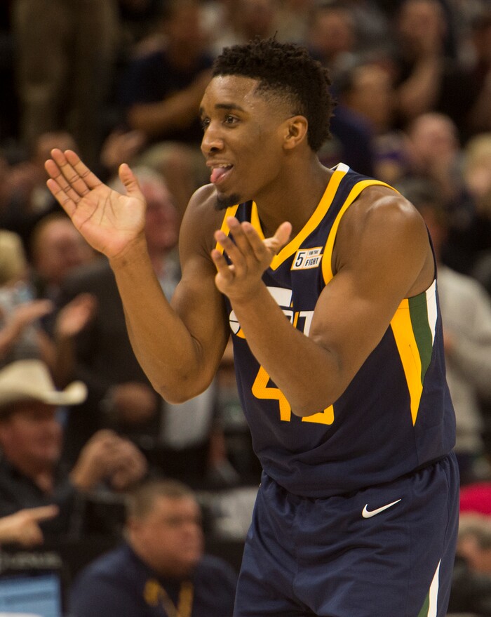 (Rick Egan  |  The Salt Lake Tribune)   Utah Jazz guard Donovan Mitchell (45) reacts after hitting a big three-pointer late in the game, in NBA action, Utah Jazz vs. Los Angeles Lakers, in Salt Lake City, Saturday, October 28, 2017.