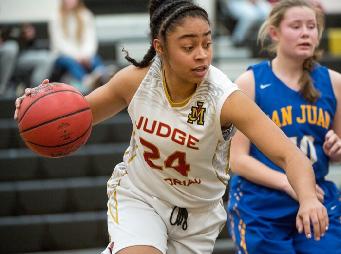(Rick Egan  |  The Salt Lake Tribune)    Judge Memorial guard Miyalla Tarver (24) heads down court for the Bulldogs, in 3A Women's basketball State playoff action Judge Memorial Vs. San Juan, in Heber City, Friday, Feb. 16, 2018.