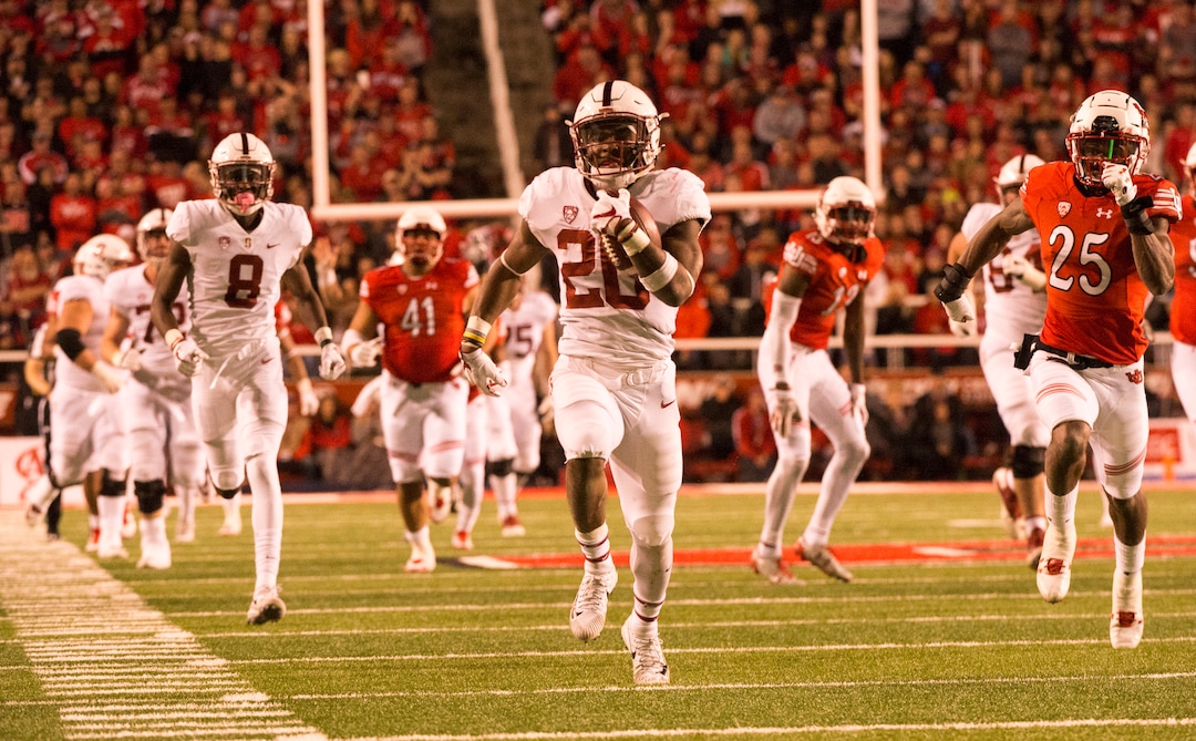 (Rick Egan  |  The Salt Lake Tribune)  Stanford Cardinal running back Bryce Love (20) runs for the winning touchdown, in PAC-12 football action, at Rice-Eccles Stadium, Saturday, October 7, 2017.