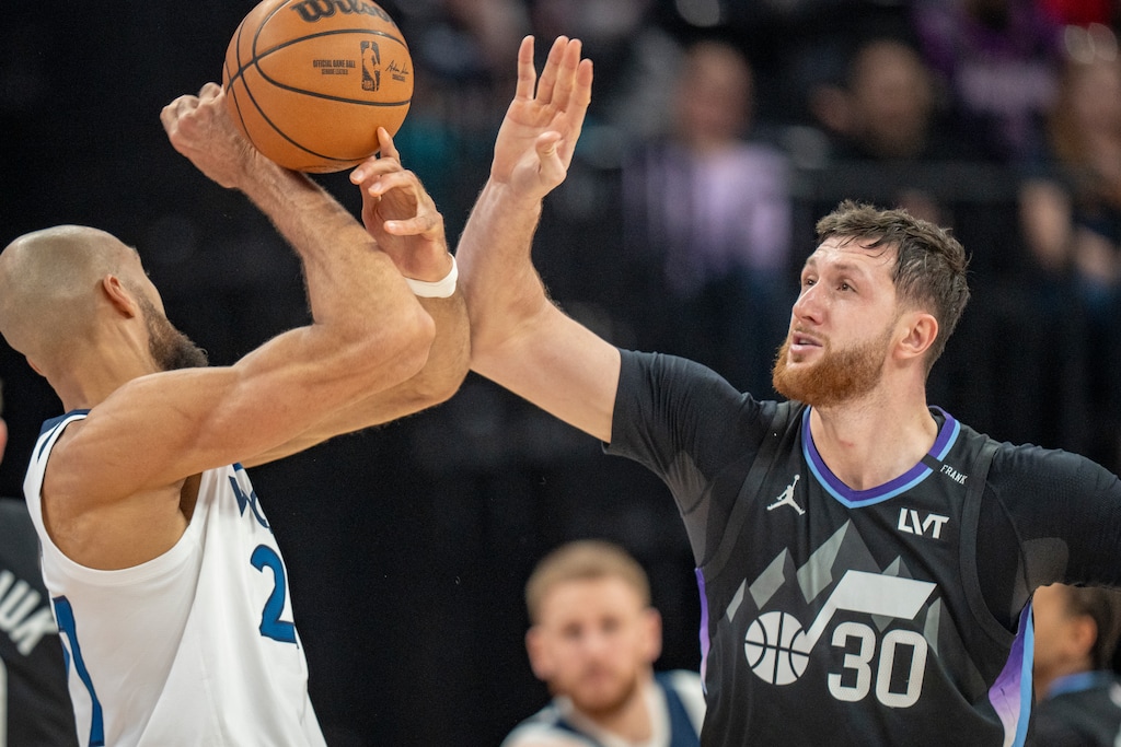 (Rick Egan | The Salt Lake Tribune) Minnesota Timberwolves center Rudy Gobert (27) is guarded by Utah Jazz center Jusuf Nurkic (30) at the Delta Center on Jan 20, 2026. Nurkic will miss the rest of the NBA season.
