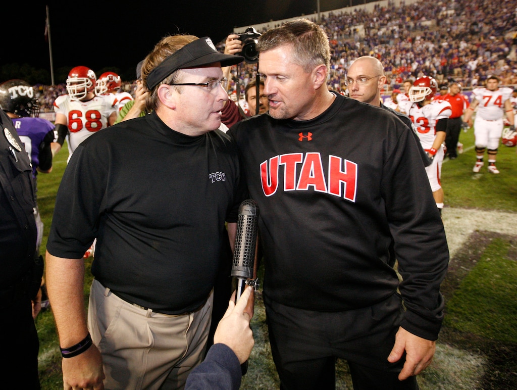 (Tom Pennington | AP) TCU head coach Gary Patterson, left, greets Utah head coach Kyle Whittingham, right, after TCU beat Utah 55-28 in an NCAA college football game in Fort Worth, Texas, back in 2009.