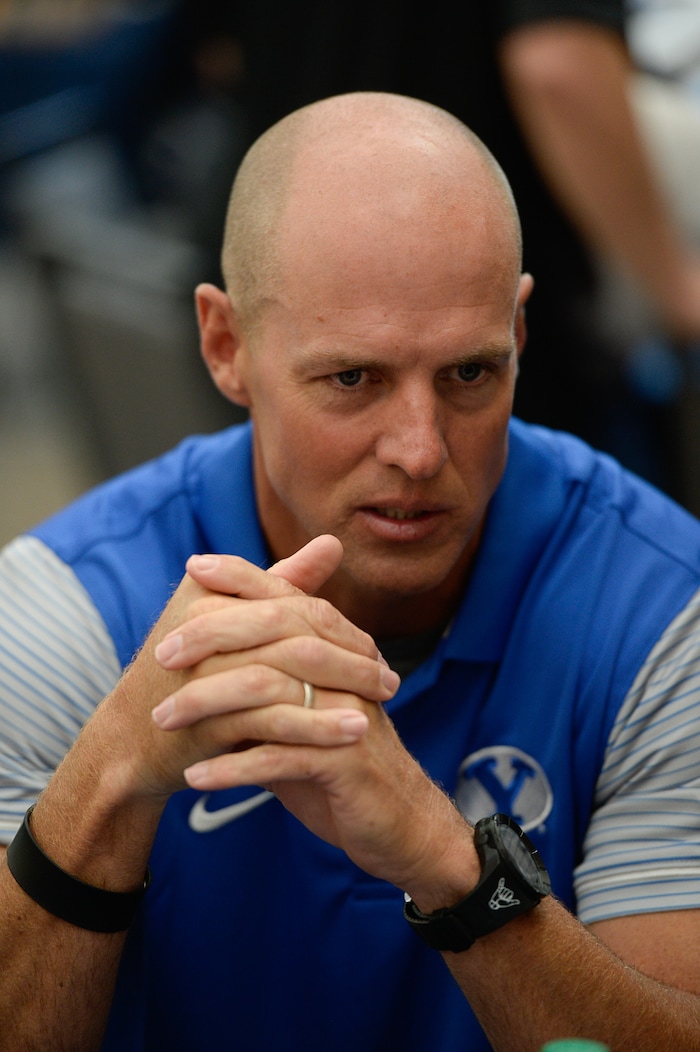 (Francisco Kjolseth  |  The Salt Lake Tribune)  Assistant head coach Ed Lamb makes the interview rounds as BYU hosts their eighth-annual football media day at the BYU-Broadcasting Building on Friday, June 22, 2018.