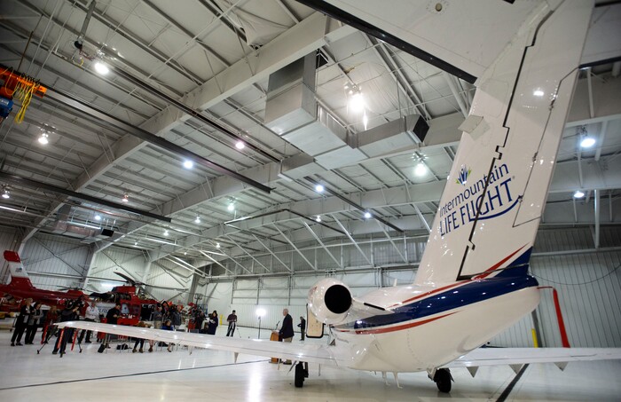 (Steve Griffin  |  The Salt Lake Tribune)  Tracy Schmidt, executive director of the Intermountain Donor Services, stands with the new Intermountain Life Flight jet that will be used primarily to retrieve organs for transplantation in the Intermountain West, as he talks with the media during a news conference at the Intermountain Life Flight Hangar at the Salt Lake International Airport in Salt Lake City Monday October 30, 2017.
