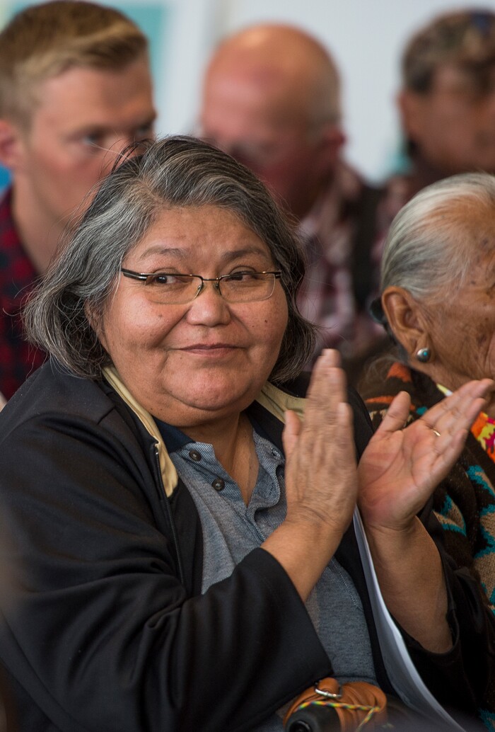 (Leah Hogsten  |  The Salt Lake Tribune) "The county is doing their job, not the Navajo Tribe,Ó said Annie Stone, who backs current county leadership and district lines.  San Juan County residents were presented with proposals of the newly redrawn county commission and school board districts during hearings in Monticello and Bluff, November 16, 2017. The proposals would redraw voting districts to ensure significant American Indian majorities in two of three County Commission districts and on four of five school board voting districts as the result of a January 2012 lawsuit filed in U.S. District Court by the Navajo Nation. The lawsuit seeks the redrawing of voting districts to reflect the 2010 U.S. Census.

