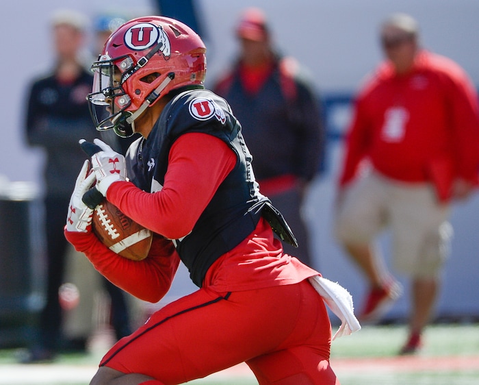 (Francisco Kjolseth  |  The Salt Lake Tribune)  Julian Blackmon, #23, runs the ball downfield as the Utah Utes hold their Spring scrimmage at Rice Eccles stadium on Saturday, March 30, 2019.