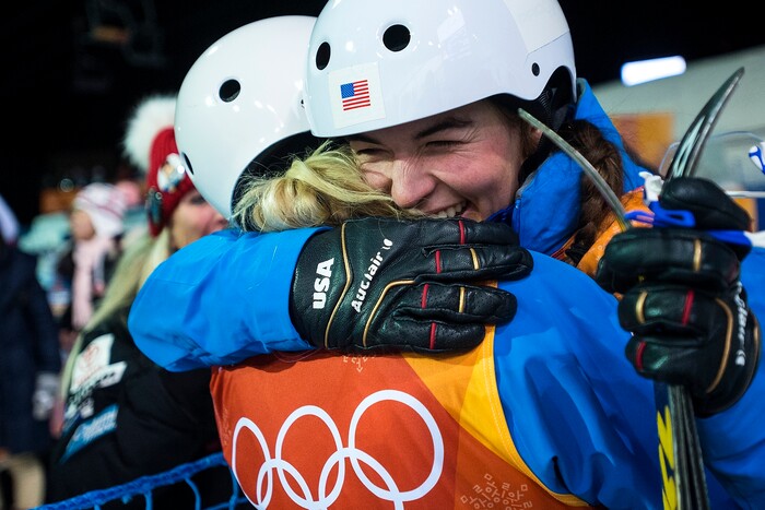 (Chris Detrick  |  The Salt Lake Tribune)  USA's Kiley McKinnon, left, and USA's Madison Olsen hug after learning they both qualified for the finals during the Ladies' Aerials Qualification at Phoenix Park during the Pyeongchang 2018 Winter Olympics Thursday, Feb. 15, 2018.  