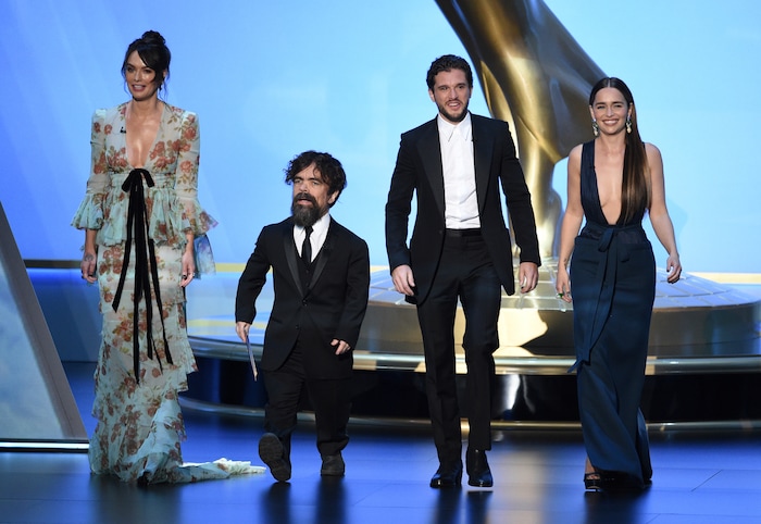 Lena Headey, from left, Peter Dinklage, Kit Harington and Emilia Clarke, of the cast of "Game of Thrones," appear on stage to present the award for outstanding supporting actress in a limited series or movie at the 71st Primetime Emmy Awards on Sunday, Sept. 22, 2019, at the Microsoft Theater in Los Angeles. (Photo by Chris Pizzello/Invision/AP)