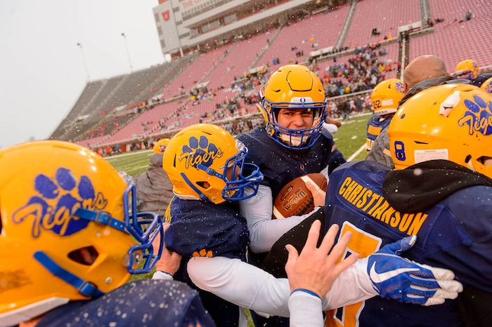 (Trent Nelson | The Salt Lake Tribune)  Orem's Cooper Legas (5) celebrates the win over Mountain Crest in the Class 4A High School State Football Championship game in Salt Lake City, Friday November 17, 2017.