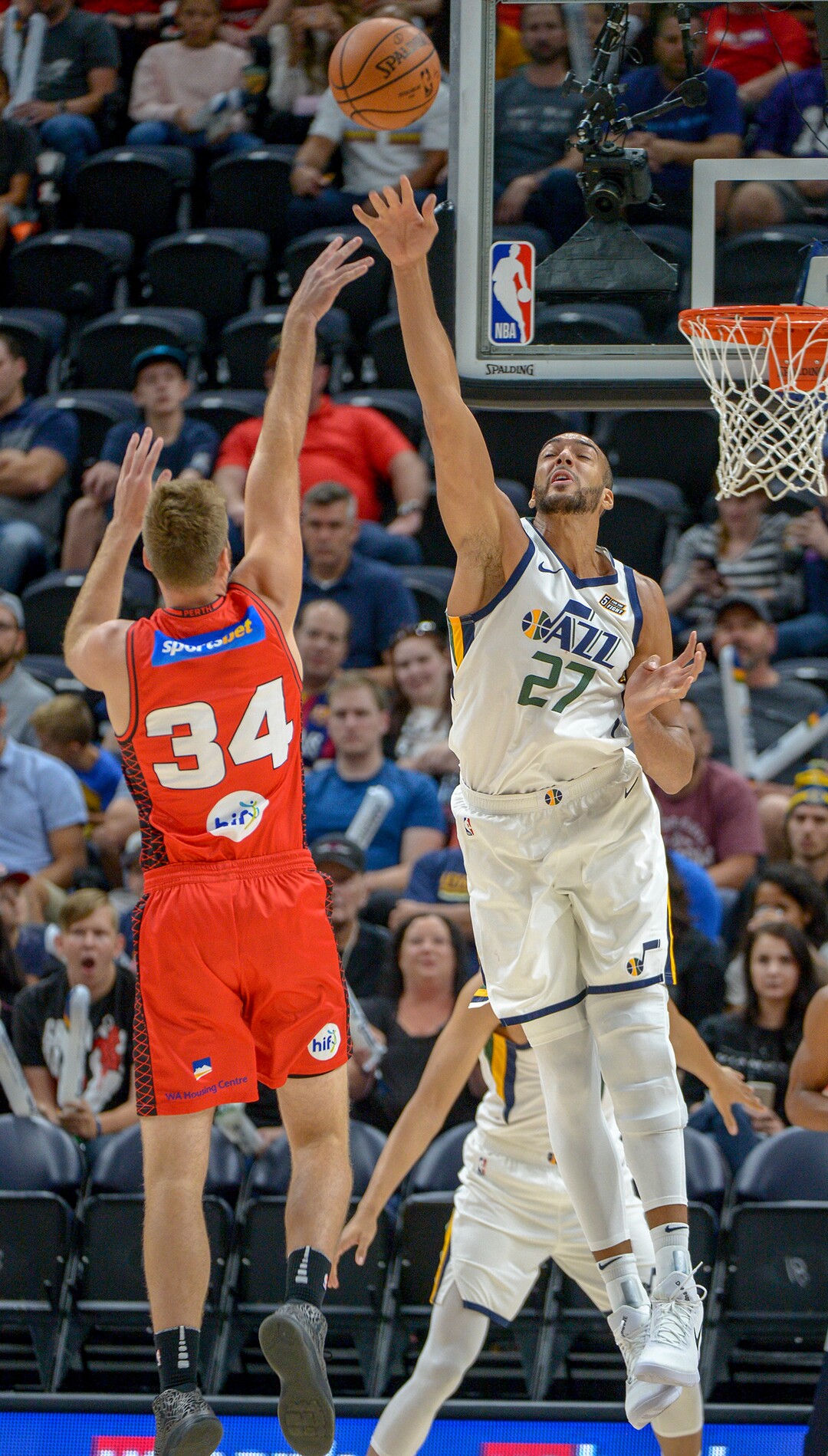 Leah Hogsten  |  The Salt Lake Tribune   Utah Jazz center Rudy Gobert (27) had 14 points and 9 rebounds in the first half as the Utah Jazz host the Perth Wildcats during their preseason game, Sept. 29, 2018 at Vivint Smart Home Arena.