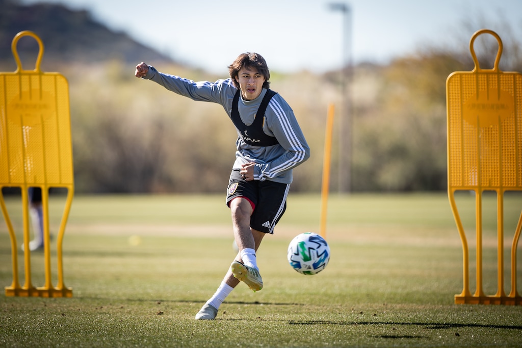 (Photo Courtesy of Real Salt Lake) RSL Academy forward Chris Garcia strikes the ball during a recent preseason training session in Phoenix. The club signed Garcia to a homegrown contract on Monday, Feb. 10, 2019.
