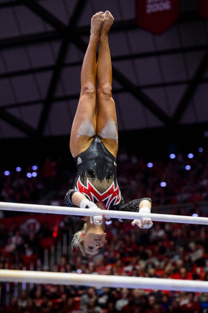 (Trent Nelson | The Salt Lake Tribune)  MyKayla Skinner  on bars as Utah hosts Washington, NCAA gymnastics in Salt Lake City, Saturday February 3, 2018.