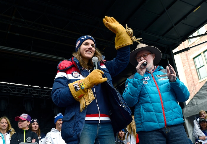 Scott Sommerdorf | The Salt Lake Tribune
Nordic Ski Jumper Abby Ringquist waves to the crowd at the end of Park City's Olympic and Paralympic parade down Main Street, Friday, April 6, 2018. The parade celebrates the accomplishments of Park City-based Olympians. Local athletes wrapped up the PyeongChang Winter Games by earning one silver and two bronze medals.
