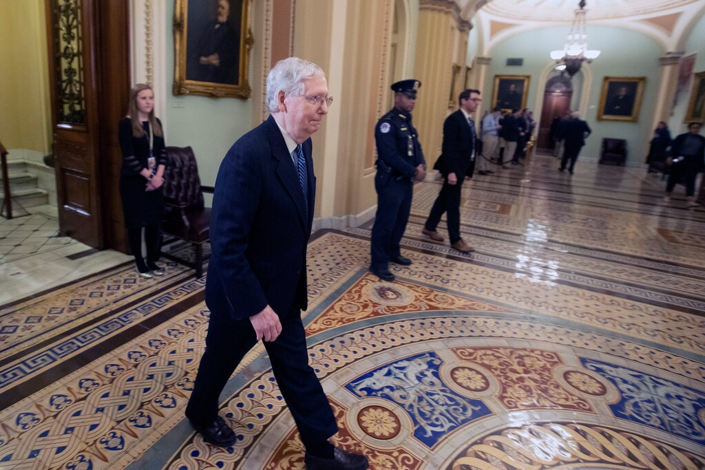 (Steve Helber | AP) Senate Majority Leader Mitch McConnell, R-Ky., leaves the Senate chamber after the impeachment trial of President Donald Trump at the U.S. Capitol, Wednesday, Jan. 22, 2020, in Washington.