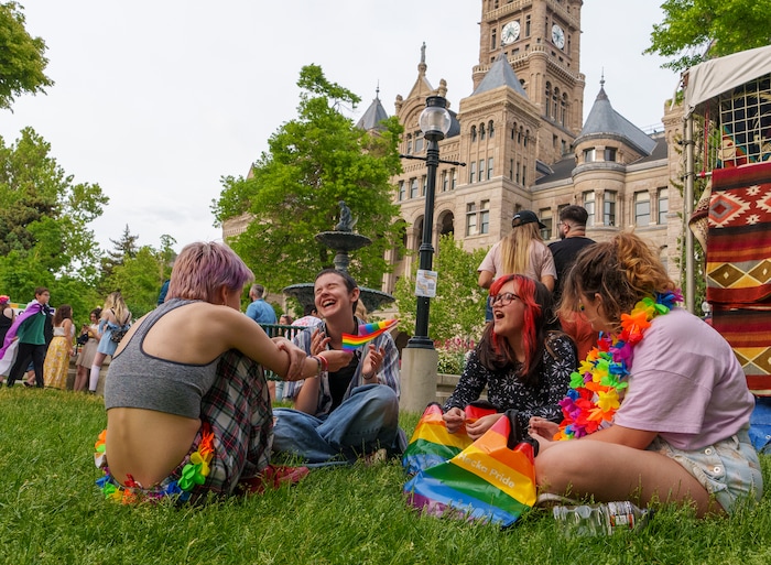 (Leah Hogsten | The Salt Lake Tribune) l-r Alize-Marley Ferraro, Kaya Carina Pierre, Ash Ferraro and Sophia Gray celebrate the Utah Pride Festival at Washington Square, Saturday, June 4, 2022. 