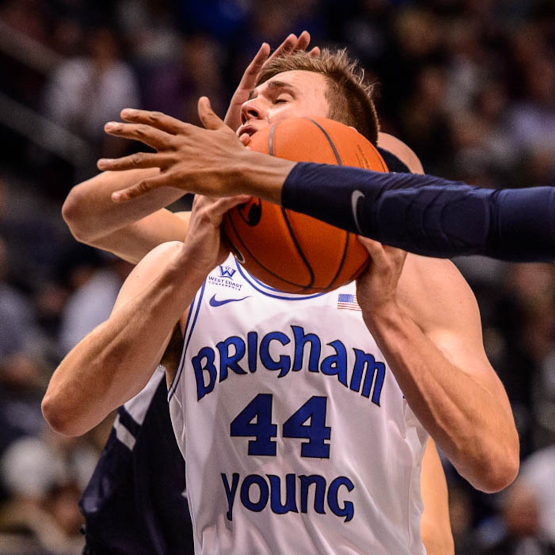 (Trent Nelson | The Salt Lake Tribune)  Brigham Young Cougars guard Connor Harding (44) as BYU hosts Utah State, NCAA basketball in Provo on Wednesday Dec. 5, 2018.