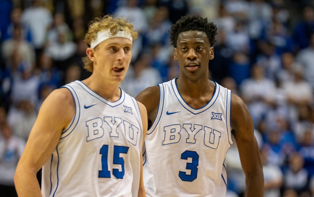 (Rick Egan | The Salt Lake Tribune) BYU Cougars guard Richie Saunders (15) and forward AJ Dybantsa (3) at the Marriott Center in Provo, on Dec. 19, 2025.  