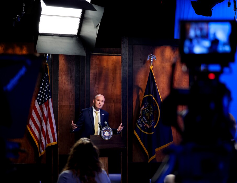 (Laura Seitz | Pool) Gov. Spencer Cox speaks during the PBS Utah governor's monthly news conference at the Eccles Broadcast Center in Salt Lake City on Thursday, April 21, 2022. Cox said Tuesday, May 10, that Utah's current laws to restrict abortion would be sufficient if the Supreme Court were to overturn Roe v. Wade.