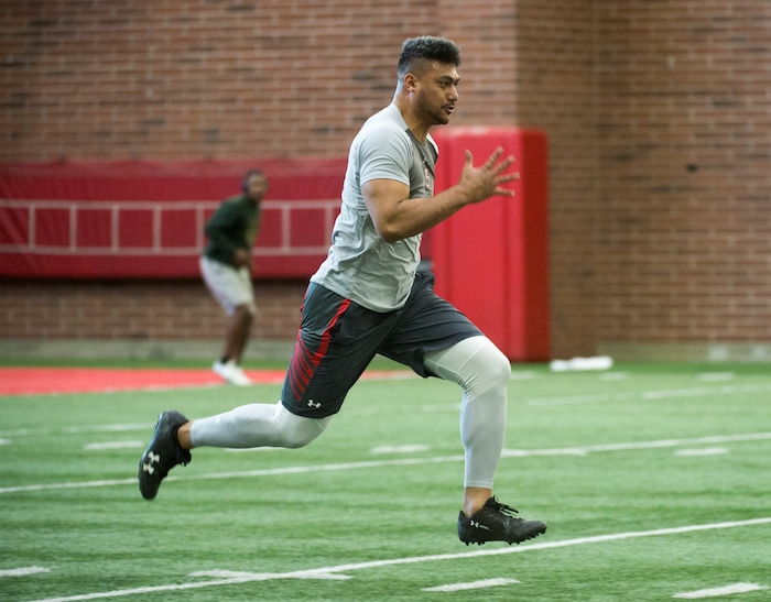 (Rick Egan  |  The Salt Lake Tribune)      Kavika Luafatasaga, runs the 40-yard-dash, during University of Utah's 2018 Pro Day for NFL scouts, at Spence Eccles Field House, Wednesday, March 28, 2018.