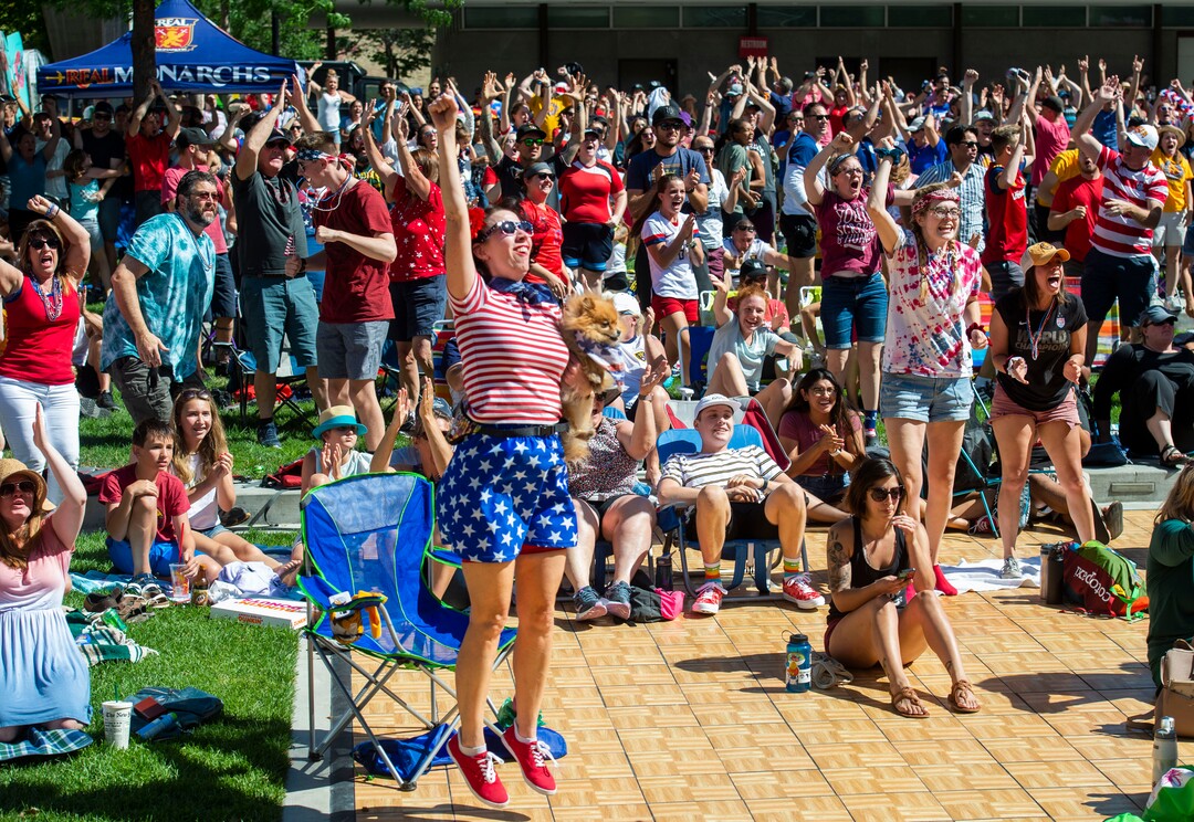 (Rick Egan  |  The Salt Lake Tribune)   Soccer fans celebrate as the US women's team scores a goal against the Netherlands in the World Cup final, during a watch party at the Gallivan Center in Salt Lake, Sunday, July 7, 2019.