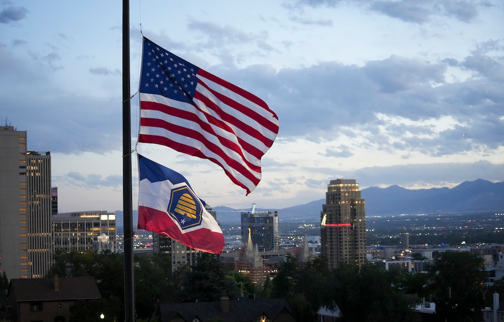 (Bethany Baker | The Salt Lake Tribune) The flags at the Utah Capitol in Salt Lake City fly at half-staff following the shooting death of conservative activist Charlie Kirk at Utah Valley University on Wednesday, Sept. 10, 2025.