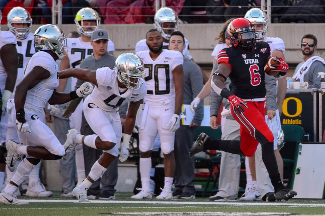 (Trent Nelson | The Salt Lake Tribune)  Utah Utes running back Armand Shyne (6) runs the ball. Utah Utes host the Oregon Ducks, NCAA football at Rice-Eccles Stadium in Salt Lake City on Saturday Nov. 10, 2018.